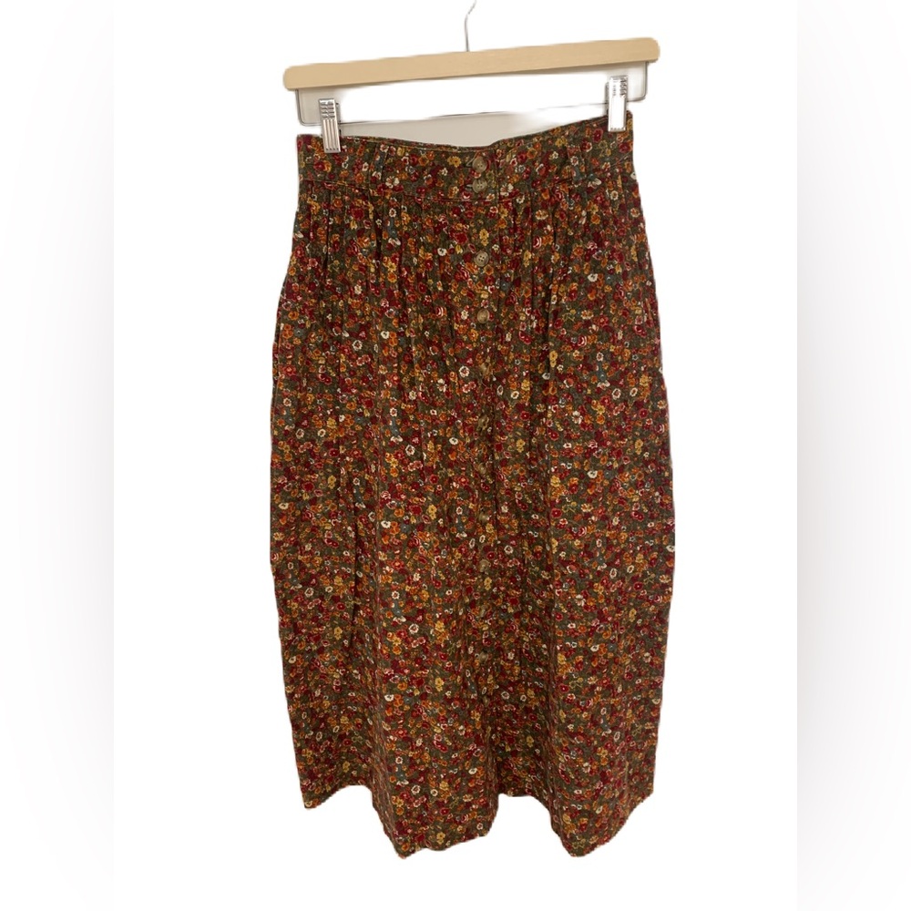 Vintage Talbots Skirt Corduroy Floral Full Button Cotton 10P Cottage Country